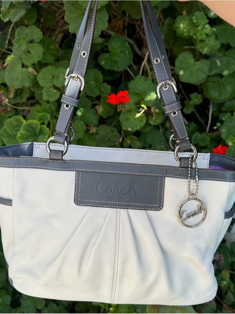 Coach White and Gray East West Shoulder Tote bag with Logo Charm